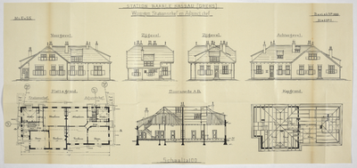 858541 Opstanden, doorsnede en plattegronden van de woningen van de stationschef en de adjunct-stationschef van het ...